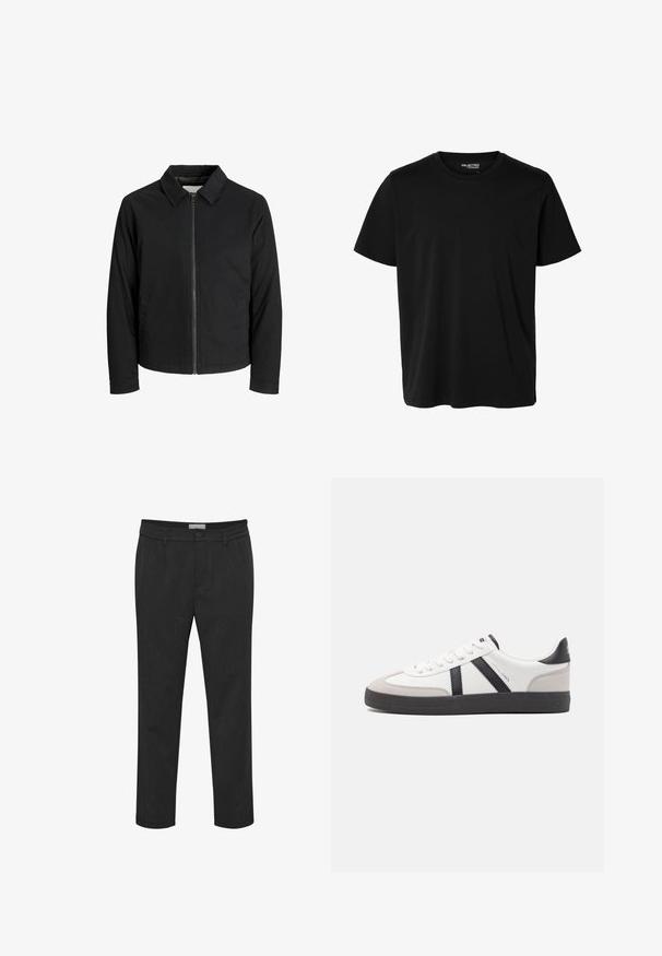 Veste noire en tissu lisse, avec un col, une fermeture éclair à l'avant et deux poches latérales. Design simple sans motifs visibles.; T-shirt noir uni à manches courtes et col rond pour homme, sans motifs ni logos visibles à l’avant.; Pantalon noir en tissu lisse, avec fermeture à bouton et passants de ceinture. Conception à jambe droite avec une texture subtile.; Baskets blanches avec des accents noirs et gris, présentant un embout texturé gris, une semelle en caoutchouc noir et des lacets plats blancs. Design épuré, style minimaliste.