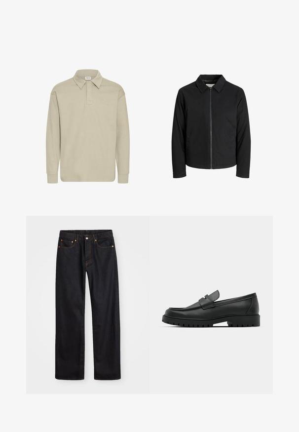 Veste noire en tissu lisse, avec un col, une fermeture éclair à l'avant et deux poches latérales. Design simple sans motifs visibles.; Polo à manches longues de couleur beige clair, avec un col et une texture subtile. Pas de logos ni de motifs visibles.; Jean en denim noir pour hommes, coupe droite, avec cinq poches et surpiqûres orange, fermeture par bouton et zip à la taille avant.; Mocassins en cuir noir à bout arrondi, avec un design cousu, une semelle plateforme basse et une semelle en caoutchouc texturée et crantée.