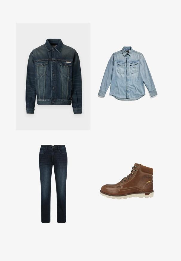 Jeansjacke in Dunkelblau mit leichter Ausbleichung. Verfügt über zwei Brusttaschen, Knopfschluss und klassischen Kragen. Strukturierter Stoff.; Helles blaues Denim-Hemd mit langen Ärmeln, Knopf-Frontverschluss, zwei Brusttaschen und klassischem Kragen. Weiche Textur mit lässigem Design.; Dunkelblaue Denim-Jeans mit geradem Bein, ausgestattet mit fünf Taschen, einem Knopfverschluss und dezentem Verblassen an den Oberschenkeln.; Braune Lederwanderstiefel mit gepolstertem Kragen, Metallösen, weißer Gummisohle und kontrastierenden Nähten. Der Text an der Seite lautet "FÜR TÄGLICHE ABENTEUER GEMACHT."