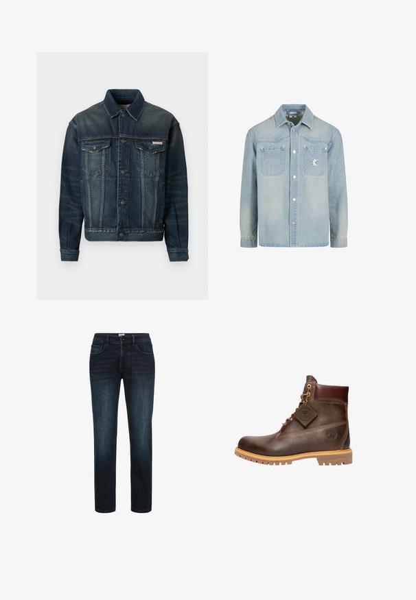 Denim jack in donkerblauw met lichte vervaging. Beschikt over twee borstzakken, knoopsluiting en klassieke kraag. Gelaagd stof.; Lichtblauwe spijkerjack met lange mouwen, twee borstzakken, zilveren knopen en een klein logo-patch op de linkse zak.; Donker gewassen denim jeans met een rechte pijp, voorzien van vijf zakken, een knopenritsing en subtiele vervaging langs de dijen.; Bruine leren enkelboot met een ronde neus, stevige zool, hardware in goudkleur en een gestructureerde bovenkant. Inclusief een merklabel dat is bevestigd.