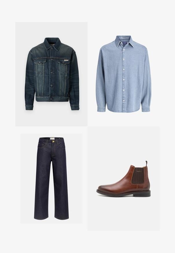 Veste en denim bleu foncé avec un léger dégradé. Elle comprend deux poches poitrine, une fermeture à boutons et un col classique. Tissu texturé.; Chemise en denim bleu clair à manches longues avec col et boutons blancs, présentée sur un fond blanc uni.; Jean en denim bleu foncé à coupe large, taille haute, poches avant, passants de ceinture et coutures jaunes apparentes, présenté sur un fond uni.; Botte Chelsea en cuir marron avec des panneaux latéraux en elastique, bout rond et un talon bas empilé. Accent texturé marron sur les côtés.