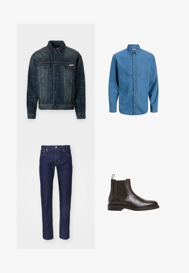 Jeanskurt i mørkeblå med lys falmning. Har to brystlommer, knaplukning og klassisk krave. Tekstileret stof.; Blå skjorte med knapper, lavet af denim, med krave og lange ærmer. Ensartet tekstur med synlige knapper ned ad fronten.; Mørkeblå denim jeans med lige pasform, fem-lomme design, kontrasterende orange syninger og en sølvknaplukning i taljen.; Brune læder Chelsea støvle med elastiske sidepaneler, løkke til at trække op med, og en lav stablet hæl. Glat tekstur og slank silhuet.