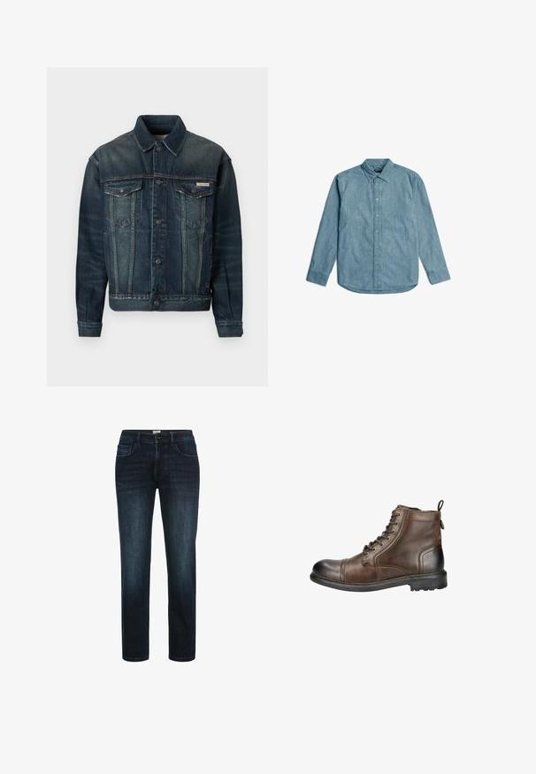 Jeansjacke in Dunkelblau mit leichter Ausbleichung. Verfügt über zwei Brusttaschen, Knopfschluss und klassischen Kragen. Strukturierter Stoff.; Hellblaues Denimhemd mit Button-Down-Kragen, langen Ärmeln und abgerundetem Saum. Verfügt über eine subtile Textur und eine standardmäßige Knopfblende.; Dunkelblaue Denim-Jeans mit geradem Bein, ausgestattet mit fünf Taschen, einem Knopfverschluss und dezentem Verblassen an den Oberschenkeln.; Braune Leder-Ankle Boots mit einer abgerundeten Spitze, Schnürung vorne und einer Schlaufe zum Anziehen hinten. Mit einer robusten Sohle mit Profil für besseren Halt.