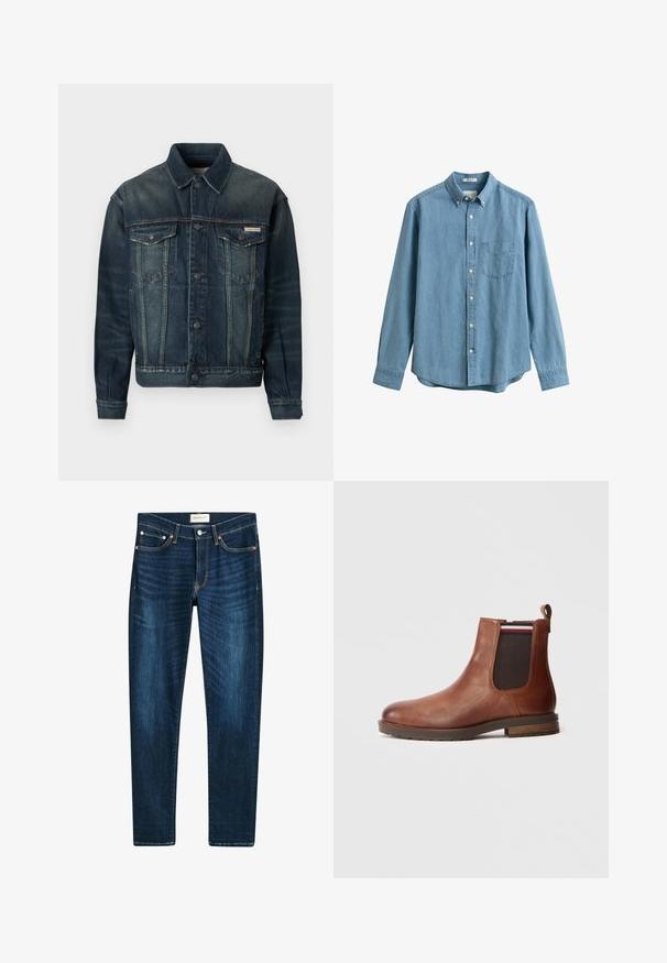 Jeanskurt i mørkeblå med lys falmning. Har to brystlommer, knaplukning og klassisk krave. Tekstileret stof.; Lyseblå denimskjorte med lange ærmer, knapper foran, brystlomme, knappet krave og hvide knapper.; Mørkeblå jeans lavet af denim, med en lige ben-design, fem lommer, kobberfarvede nitter og subtilt farvetone på stoffet.; Brune læder Chelsea-støvle med elastisk sidepanel, rund tå og en pull-tab. Flad rektangulær hæl og tekstureret gummisål.