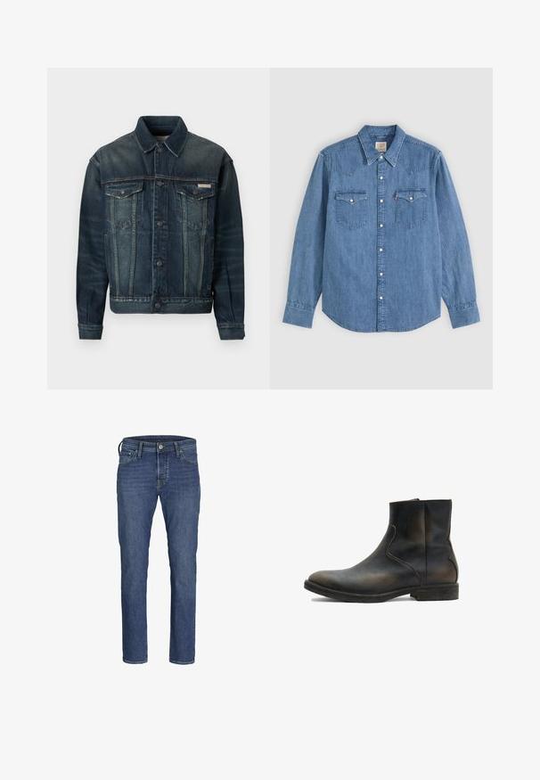 Denim jack in donkerblauw met lichte vervaging. Beschikt over twee borstzakken, knoopsluiting en klassieke kraag. Gelaagd stof.; Blauw denim overhemd met lange mouwen, met puntige kraag, knoopsluiting vooraan en twee borstzakken met knoopkleppen op een effen achtergrond.; Blauwe denim jeans voor heren met een recht model, vijf-pocketstijl en een klassieke knoop- en ritssluiting.; AllSaints LANG - Lage laarzen - brown