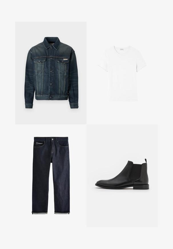 Jeanskurt i mørkeblå med lys falmning. Har to brystlommer, knaplukning og klassisk krave. Tekstileret stof.; American Vintage GAMIPY - T-shirts basic - blanc; Mørkeblå denimjeans med en klassisk lige pasform, der har fem lommer, knaplukning og op rullede manchetter, som viser en lys blå foring.; Sorte læder Chelsea støvle med elastiske sidepaneler, en rund tå og en lav hæl. Glat tekstur med et minimalistisk design.