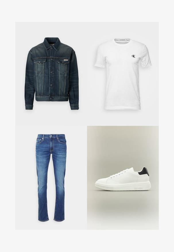 Jeansjacke in Dunkelblau mit leichter Ausbleichung. Verfügt über zwei Brusttaschen, Knopfschluss und klassischen Kragen. Strukturierter Stoff.; Weißes T-Shirt mit kurzen Ärmeln und Rundhalsausschnitt mit kleinem schwarzem "CK"-Logo auf der linken Brust, Marke Calvin Klein Jeans, Größe Medium.; Blaue Denim-Jeans mit ausgewaschenen Effekten, Frontknopf- und Reißverschluss sowie Fünf-Taschen-Design vor weißem Hintergrund.; Weißer Low-Top-Sneaker mit dicker Sohle, Schnürung vorne und schwarzer Fersenschlaufe, mit "Steve Madden" an der seitlichen Sohle gebrandet.