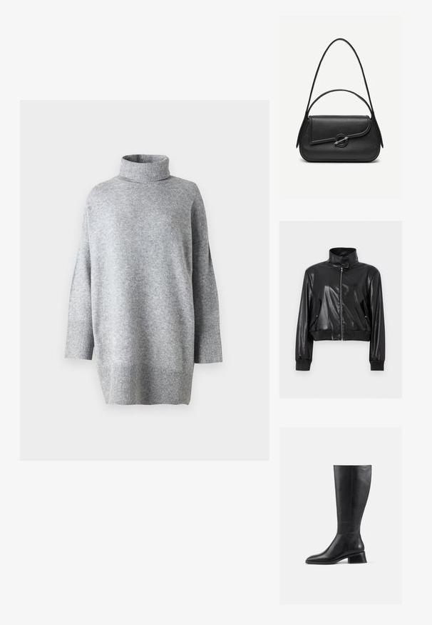 Schwarze kurze Jacke aus Kunstleder mit hohem Kragen, durchgehendem Frontreißverschluss, schrägen Klappentaschen und gerippten Bündchen an Ärmeln und Bund.; Grauer Rollkragenpullover aus strukturiertem Strickstoff, mit Dreiviertelärmeln und gerippten Bündchen, locker geschnitten und mit seitlichen Schlitzen.; Schwarze Lederstiefel bis zur Knee mit abgerundeter Spitze und niedrigem Blockabsatz. Verfügt über eine glatte Oberfläche und minimale Nahtdetails.; Schwarze Lederhandtasche mit abgerundeten Kanten, asymmetrischem Überschlag, metallfarbenem runden Verschluss und kurzen sowie langen Schulterriemen.