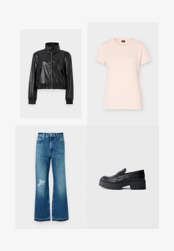 Schwarze kurze Jacke aus Kunstleder mit hohem Kragen, durchgehendem Frontreißverschluss, schrägen Klappentaschen und gerippten Bündchen an Ärmeln und Bund.; Hellrosa kurzärmliges T-Shirt mit Rundhalsausschnitt, kleinem geprägtem BOSS-Logo auf der linken Brust und schwarzem Etikett im Kragen.; Blaue, ausgestellt geschnittene Denim-Jeans mit ausgefranstem Saum und einem distressed Patch am linken Oberschenkel. Verfügt über ein klassisches Fünf-Taschen-Design und Metallknöpfe.; Schwarzer klobiger Plateau-Schlüpfschuh mit glattem Lederoberteil, dekorativem Riemen und dicker strukturierter Sohle auf weißem Hintergrund.