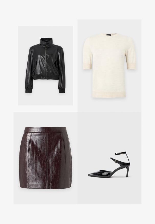 Sort cropped jakke i kunstlæder med høj krave, fuld lynlås foran, skrå lommer med klap og ribstrikkede manchetter og talje.; Flødefarvet kortærmet sweater med rund halsudskæring, ribbet ærmekanter og kant forneden, mærket "SUPREME MERINO" ved kraven.; Bordeaux faux-lædernederdel med et struktureret krokodillemønster, med høj lænd og to lodrette sømme for struktur.; Sorte laklæderhæle med spids tå, justerbare ankelstropper og en slank hæl. Glat tekstur med en skinnende finish.