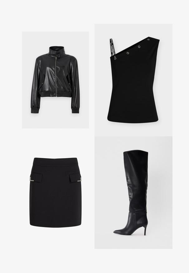 Schwarze kurze Jacke aus Kunstleder mit hohem Kragen, durchgehendem Frontreißverschluss, schrägen Klappentaschen und gerippten Bündchen an Ärmeln und Bund.; Schwarzes asymmetrisches ärmelloses Top mit einem Träger, Markenaufdruck auf dem Träger und vier metallischen Ösen entlang des Halsausschnitts.; Schwarzer Minirock mit zwei vorderen Klappentaschen, von denen jede über ein kleines, silbernes dekoratives Eckdetail verfügt.; Schwarze Lederstiefel über das Knie mit spitzem Schuh und Stiletto-Absatz, die ein elegantes Design mit einem Logo-Detail am Knöchel aufweisen.