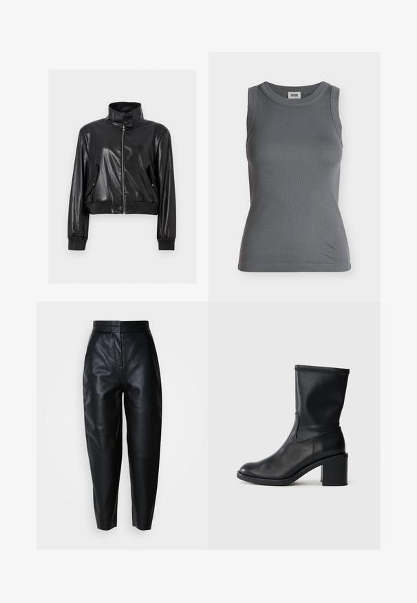 Sort cropped jakke i kunstlæder med høj krave, fuld lynlås foran, skrå lommer med klap og ribstrikkede manchetter og talje.; Ærmeløs mørkegrå ribstrikket tanktop med rund halsudskæring og mærkeindvendigt i kraven.; Sorte højtaljede smalle læderbukser med lynlås foran og syninger ved knæene på en ensfarvet hvid baggrund.; Sort læder ankelstøvle med rund tå, glat tekstur og en grov hæl, der har et tætsiddende skaft og subtil syning.