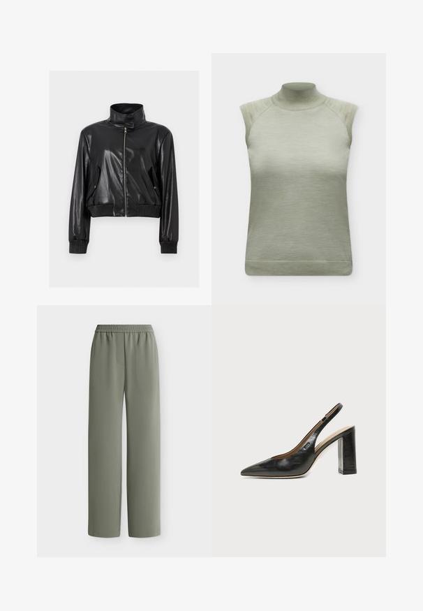 Veste courte en faux cuir noir avec col montant, fermeture éclair intégrale à l'avant, poches à rabat inclinées et poignets et taille côtelés.; Haut tricoté sans manches vert clair avec col montant et bordures côtelées aux épaules et à l'ourlet.; Pantalon ample vert olive avec taille élastique et tissu lisse, montré à plat sur fond blanc.; Chaussure slingback en cuir noir à bout pointu avec un talon bloc haut et une doublure intérieure beige sur un fond clair uni.