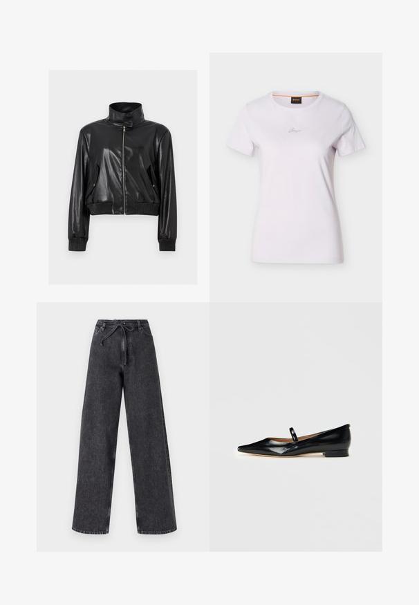 Sort cropped jakke i kunstlæder med høj krave, fuld lynlås foran, skrå lommer med klap og ribstrikkede manchetter og talje.; Hvid T-shirt med korte ærmer, rund hals og lille kursiv logo centreret på brystet samt sort mærke med orange kant inde i kraven.; Højtaljede, brede ben sorte denim jeans med snørelukning. Har en falmet tekstur og subtile syninger.; Sorte patenterede læder Mary Jane flade sko med spids tå, én rem og lav hæl på ensfarvet baggrund.