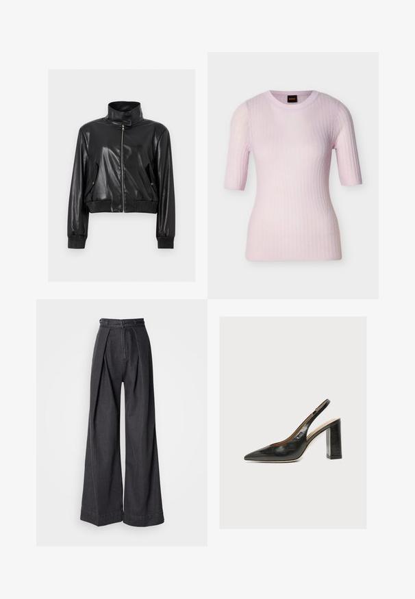 Schwarze kurze Jacke aus Kunstleder mit hohem Kragen, durchgehendem Frontreißverschluss, schrägen Klappentaschen und gerippten Bündchen an Ärmeln und Bund.; Hellrosa gerippter Kurzarm-Pullover mit Rundhalsausschnitt und figurbetonter Form, mit einem kleinen schwarzen und orangefarbenen BOSS-Label innen im Kragen.; Schwarze Jeans mit weitem Bein und hoher Taille, ausgestattet mit vorderen Falten und einem klassischen Reißverschluss. Knackige, glatte Textur mit sauberen Abschlüssen.; Schwarzer Leder-Damenslingback-Pumps mit spitzer Zehenpartie und dickem hohem Blockabsatz auf weißem Hintergrund.