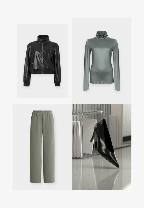 Veste courte en faux cuir noir avec col montant, fermeture éclair intégrale à l'avant, poches à rabat inclinées et poignets et taille côtelés.; Haut à manches longues avec col roulé, de couleur verte douce, présentant une texture douce et lisse ainsi qu'un col bénitier drapé.; Pantalon ample vert olive avec taille élastique et tissu lisse, montré à plat sur fond blanc.; Chaussure noire à talon haut avec bout pointu et logo doré, posée sur une surface réfléchissante près d'un organiseur de dossiers en fil chromé contenant des documents.