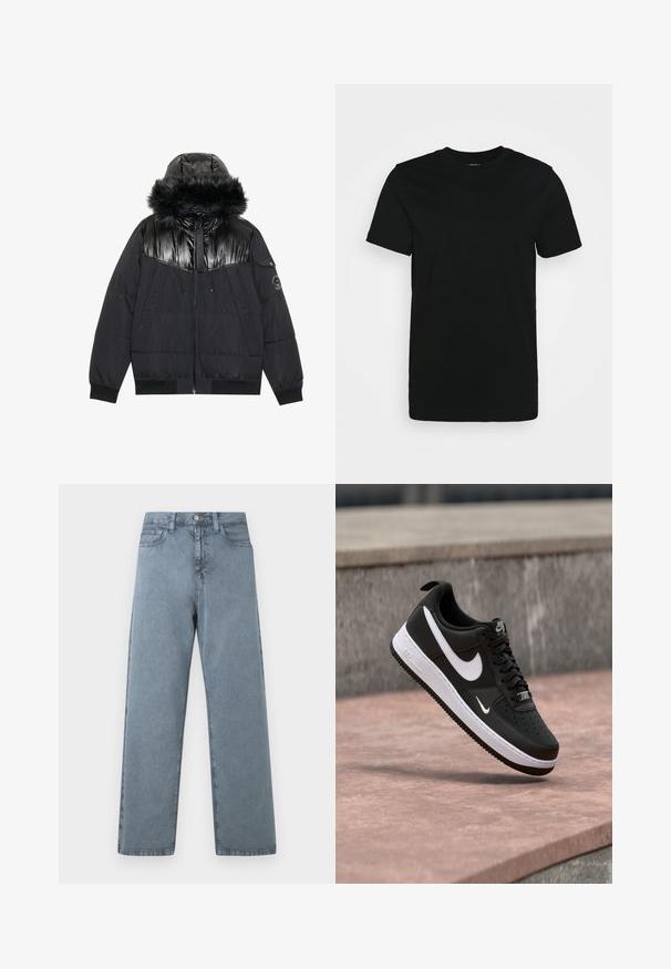 Sort oppustelig jakke med skinnende øverste del, faux fur kant på hætten, lynlås lukning og ribbede håndled. Har prægede mærkenavn.; Sort kortærmet T-shirt lavet af glat bomuldsstoff, med rund halsudskæring og et enkelt design uden mønstre eller accenter.; Lysblå denim jeans med lige ben-design, fem lommer, metalknaplukning og en let falmet tekstur.; Sort-hvid Nike Air Force 1 sneaker svævende over en lyserød betonflade med en grå stenbaggrund.