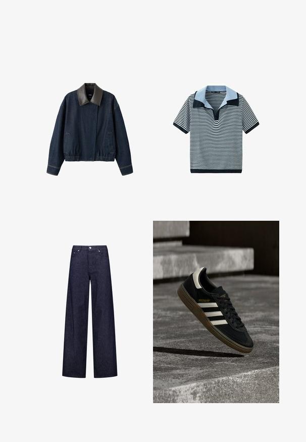 Dunkelblaue Jeansjacke mit breitem dunkelbraunem Lederkragen, langen Ärmeln, Fronttaschen und elastischem Bund.; Schwarz-weiß gestreiftes Kurzarmshirt mit einem breiten Kragen in Hellblau und Schwarz, gerippten Ärmelbündchen und Saum.; Weite Jeanshose mit einem dunkelblauen und weißen vertikalen Streifenmuster, ausgestattet mit zwei Fronttaschen und einem klassischen Knopfverschluss.; Schwarzer Adidas-Sneaker mit weißen Streifen und Gummisohle schwebt über grauen Betonstufen im natürlichen Licht.