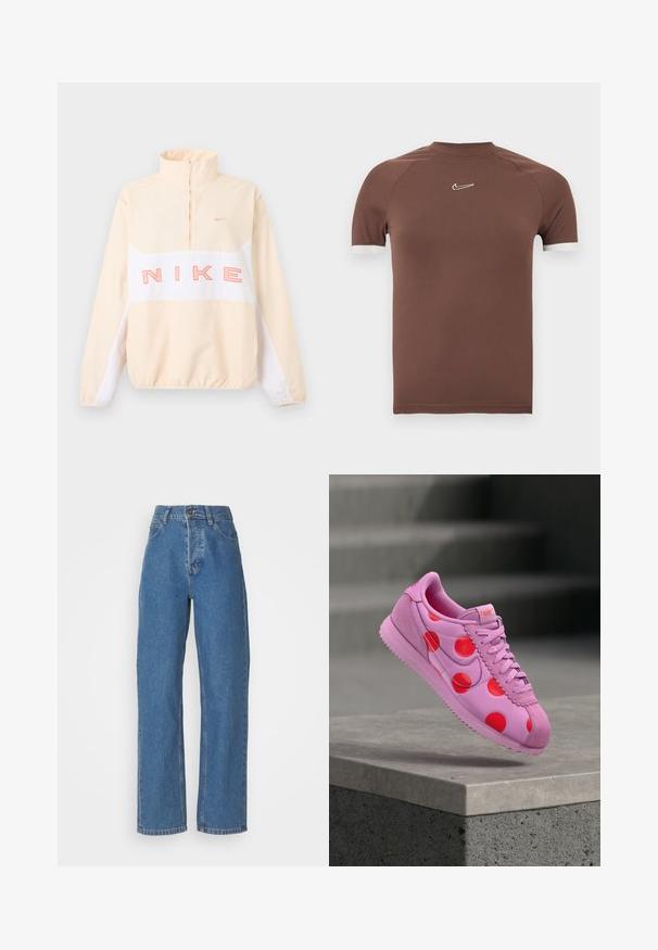 Beige ja valkoinen Nike-poolopaita neljänneksen vetoketjulla, elastisilla resoreilla ja helmalla, iso vaaleanpunainen "NIKE"-teksti rinnassa ja pieni Swoosh-logo vasemmassa rinnassa.; Ruskea lyhythihainen paita, joka on valmistettu sileästä kankaasta. Paidassa on korkeahko kaulus ja valkoiset korostukset hihojen resoreissa sekä pieni logo rinnassa.; Korkea vyötärö, suora lahje siniset farkut, joissa on haalistunut viimeistely. Ominaisuuksiin kuuluvat viisi taskua, nappikiinnitys ja hienovaraiset tikkaus yksityiskohdat.; Violetti lenkkari, jossa on punaisia pilkkuja ja kuvioitu pohja, ilmassa betonilaiturin yläpuolella taustalla epätarkat portaat.