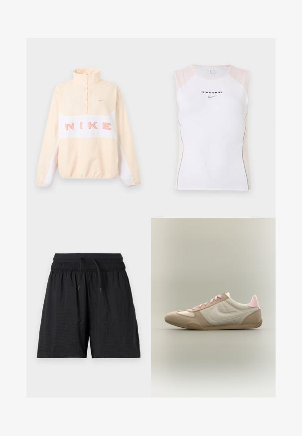 Pull Nike beige et blanc avec fermeture éclair quart de zip, poignets et ourlet élastiques, grand texte rose "NIKE" sur la poitrine et petit logo swoosh sur le côté gauche de la poitrine.; Haut de sport blanc sans manches avec des accents beiges sur les épaules, texte "NIKE SHOX" et logo Nike swoosh noir sur la poitrine.; Short de sport noir texturé avec taille élastique, cordon ajustable et poches latérales, présenté sur un fond blanc.; Baskets basses beige et blanc avec des lacets roses et un accent au talon, montrant le swoosh Nike sur le côté sur un fond uni.