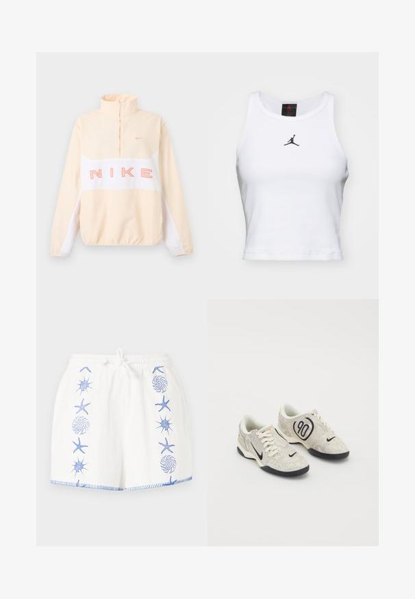 Pull Nike beige et blanc avec fermeture éclair quart de zip, poignets et ourlet élastiques, grand texte rose "NIKE" sur la poitrine et petit logo swoosh sur le côté gauche de la poitrine.; Débardeur court blanc en coton avec une texture côtelée. Présente un logo Jordan noir au centre et une encolure ras du cou classique.; Shorts blancs avec des motifs marins bleus brodés, comprenant des étoiles de mer et des coquillages, et un cordon blanc à la taille élastique.; Baskets Nike avec une tige texturée beige et grise, des accents noirs, un grand logo "90" et un laçage blanc. Semelle noire.