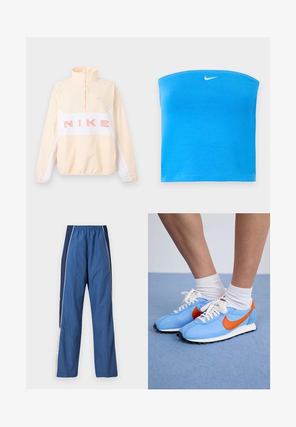 Beige og hvid Nike pullover med kvart lynlås, elastiske ærmegab og kant, stor lyserød "NIKE" tekst på tværs af brystet og lille swoosh logo på venstre bryst.; Lyseblå Nike tube top uden stropper med hvid Swoosh-logo centreret nær den øverste kant.; Blå træningsbukser med en let og glat tekstur. Elastisk talje, kontrastfuld mørkeblå sidepanel og hvide accentstriber.; Blå mesh- og ruskinds sneakers med orange accenter og hvide snørebånd. Sort gummisål. Båret med hvide crew-sokker på en blå overflade.