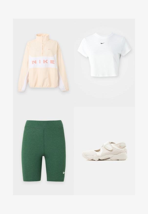 Μπεζ και λευκό πουλόβερ Nike με φερμουάρ τετάρτου μήκους, ελαστικά μανσέτες και τελείωμα, μεγάλο ροζ κείμενο "NIKE" στο στήθος και μικρό λογότυπο Swoosh στο αριστερό μέρος του στήθους.; Λευκό κοντό μπλουζάκι από βαμβάκι, με κοντά μανίκια και στρογγυλή λαιμόκοψη, διακοσμημένο με το μαύρο λογότυπο της Nike στο στήθος.; Πράσινο αθλητικό σορτς από ελαστικό ύφασμα. Σχεδιασμένο με ψηλή μέση, επίπεδα ράμματα και λευκό λογότυπο Nike στο κάτω αριστερό πόδι.; Ανοιχτό μπεζ αθλητικό παπούτσι Nike με άνω μέρος από δίχτυ, λουράκια με βέλκρο, μαλακή σόλα και κομμένες πλευρές, σχεδιασμένο για άνεση και αναπνοή.
