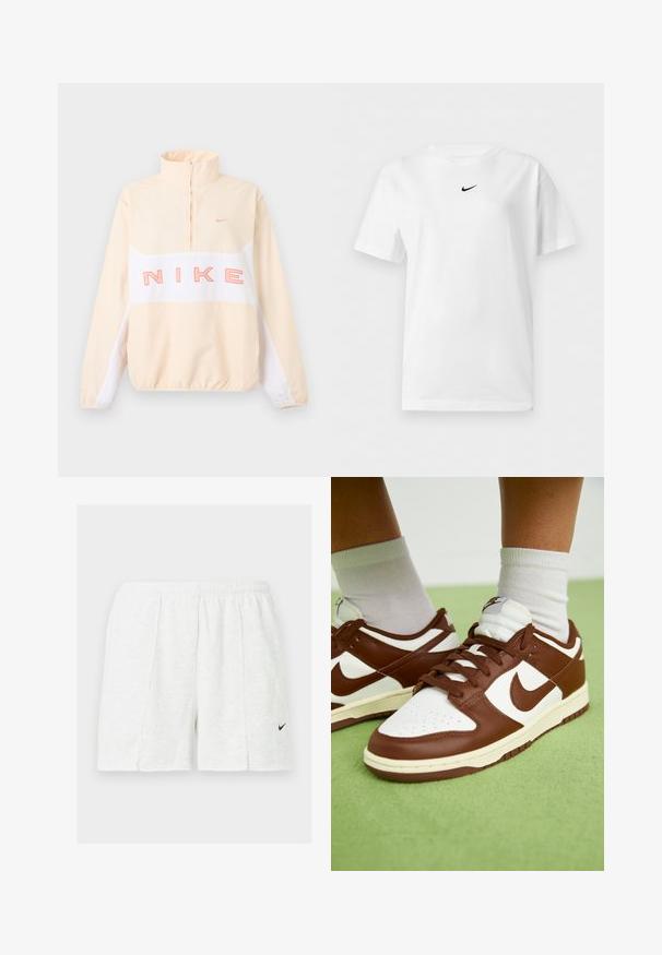 Béžovo-biely Nike pulóver so štvrťovým zipsom, elastickými manžetami a lemom, veľkým ružovým nápisom "NIKE" na hrudi a malým logom swoosh na ľavej strane hrude.; Biele tričko s krátkym rukávom a okrúhlym výstrihom s malým čiernym logom Nike Swoosh umiestneným v strede blízko goliera.; Biele športové šortky s elastickým pásom a čiernym logom Nike swoosh na ľavej nohe, zobrazené na jednoduchom pozadí.; Hnedé a biele kožené tenisky s perforovanou špičkou, textúrovanými akcentmi a plochými šnúrkami. Model má nízkoprofilový dizajn a gumovú podrážku.