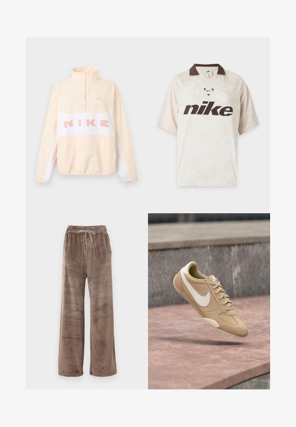 Μπεζ και λευκό πουλόβερ Nike με φερμουάρ τετάρτου μήκους, ελαστικά μανσέτες και τελείωμα, μεγάλο ροζ κείμενο "NIKE" στο στήθος και μικρό λογότυπο Swoosh στο αριστερό μέρος του στήθους.; Ελαφρώς μπεζ κοντομάνικη μπλούζα Nike με σκούρο καφέ γιακά και μεγάλο σκούρο καφέ λογότυπο Nike μπροστά.; Καφέ βελούδινο παντελόνι με φαρδύ πόδι, ελαστική μέση και ριγέ κορδόνι, με μικρό χρυσό λογότυπο Nike στο δεξί μηρό.; Μπεζ αθλητικό παπούτσι Nike με λευκό σήμα και κορδόνια, σε ενδιάμεση θέση στον αέρα πάνω από επιφάνεια από μπετόν και σκαλοπάτια στο φόντο.