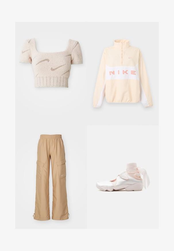 Beiger und weißer Nike-Pullover mit Viertelreißverschluss, elastischen Bündchen und Saum, großem pinkfarbenem "NIKE" Schriftzug über der Brust und kleinem Swoosh-Logo auf der linken Brustseite.; Kurzes, ärmelloses Oberteil aus weichem, strukturiertem Stoff. Hellrosa Farbe mit braunen, wellenförmigen Mustern. Quadrat-Ausschnitt und gerippter Saum.; Nike Sportswear TREND - Cargohose - hemp; Weißer und hellrosa Sneaker mit weichem Stoffknöchelwickel, der zu einer Schleife gebunden ist, mit verstellbarem Riemen und abgerundeter Sohle.