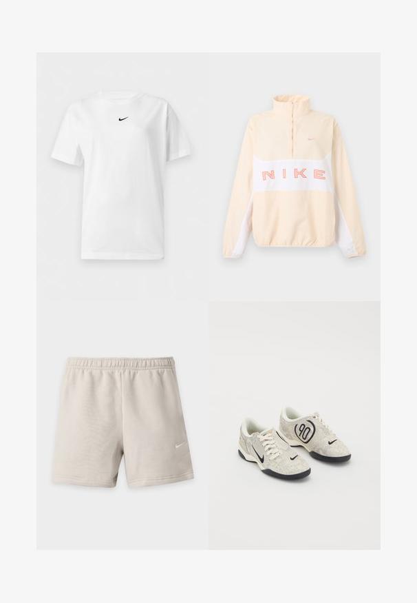 Μπεζ και λευκό πουλόβερ Nike με φερμουάρ τετάρτου μήκους, ελαστικά μανσέτες και τελείωμα, μεγάλο ροζ κείμενο "NIKE" στο στήθος και μικρό λογότυπο Swoosh στο αριστερό μέρος του στήθους.; Λευκό T-shirt με κοντά μανίκια και στρογγυλή λαιμόκοψη, με μικρό μαύρο λογότυπο Nike Swoosh τοποθετημένο στο κέντρο κοντά στο γιακά.; Ανοιχτό μπεζ αθλητικά σορτς με ελαστική μέση και μικρό λευκό λογότυπο Nike Swoosh στο κάτω δεξί πόδι.; Nike αθλητικά παπούτσια με μπεζ και γκρί υφή, μαύρες λεπτομέρειες, μεγάλο λογότυπο "90" και λευκό κορδόνι. Μαύρη σόλα.