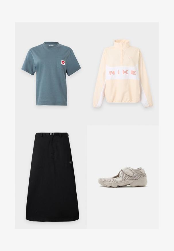 Μπεζ και λευκό πουλόβερ Nike με φερμουάρ τετάρτου μήκους, ελαστικά μανσέτες και τελείωμα, μεγάλο ροζ κείμενο "NIKE" στο στήθος και μικρό λογότυπο Swoosh στο αριστερό μέρος του στήθους.; Μπλε T-shirt με κοντό μανίκι και στρογγυλή λαιμόκοψη, με τσέπη στο αριστερό μέρος του στήθους που φέρει το κόκκινο και λευκό λογότυπο Carhartt WIP σε σχήμα καρδιάς.; Μαύρη midi φούστα με ρυθμιζόμενη ζώνη μέσης και το λογότυπο The North Face στη δεξιά πλευρά.; Αθλητικό παπούτσι ανοιχτό μπεζ με επάνω μέρος από διχτυωτό ύφασμα, ρυθμιζόμενο λουράκι και επενδυμένη σόλα με την ένδειξη «AIR», εμφανίζεται σε πλάγια όψη σε λευκό φόντο.