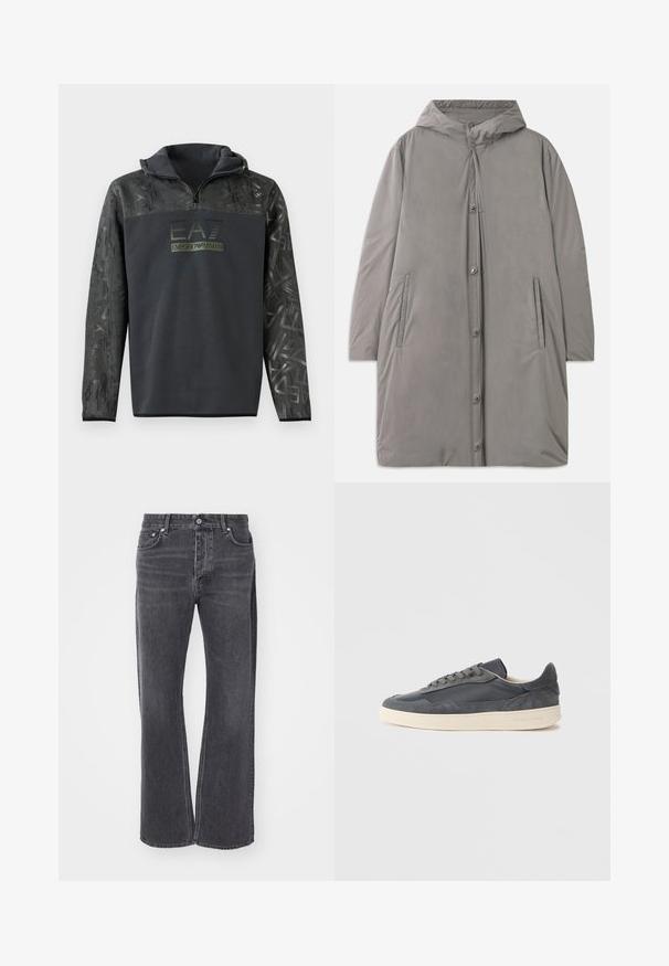 Helehall hall coat, mis on valmistatud siledast ja veekindlast kangast. Omab nööpe, küljetaskuid ja vabalt langevat, põlvini ulatuvat siluetti.; Must have hoodiga, millel on pool tõmblukk, tekstureeritud graafilise mustriga varrukatel ja tumeroheline logo trükk rinnal.; Mustad kõrge talje mustad teksad, millel on laiem ja lõtv disain. Valmistatud denimist, sisaldavad õrna pleekimist ja ees- ning taga-taskut.; Tumedat halli värvi nahast ja seemisnahast madala lõikega vabaajajalatsid, millel on kreemika tooniga kummist tallad ja lamedad paelad.