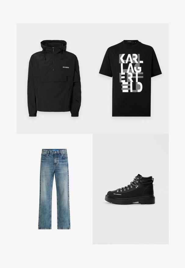 Zwarte windbreaker met capuchon, halve ritssluiting, verstelbare capuchon met trekkoord, voorzak met klep en Karl Lagerfeld-logo op de borst.; Zwart T-shirt met korte mouwen en grote witte gestileerde letters "KARL LAGERFELD" verticaal gestapeld op de voorkant.; Lichtblauwe denim wijde benen jeans met een hoge taille, een klassieke vijf-pocket ontwerp en subtiele vervaging voor textuur.; Zwarte wandelschoen met een leren bovenwerk met textuur, zilveren hardware en grijze veters. Beschikt over een robuuste zool en een gevoerde enkel voor ondersteuning.