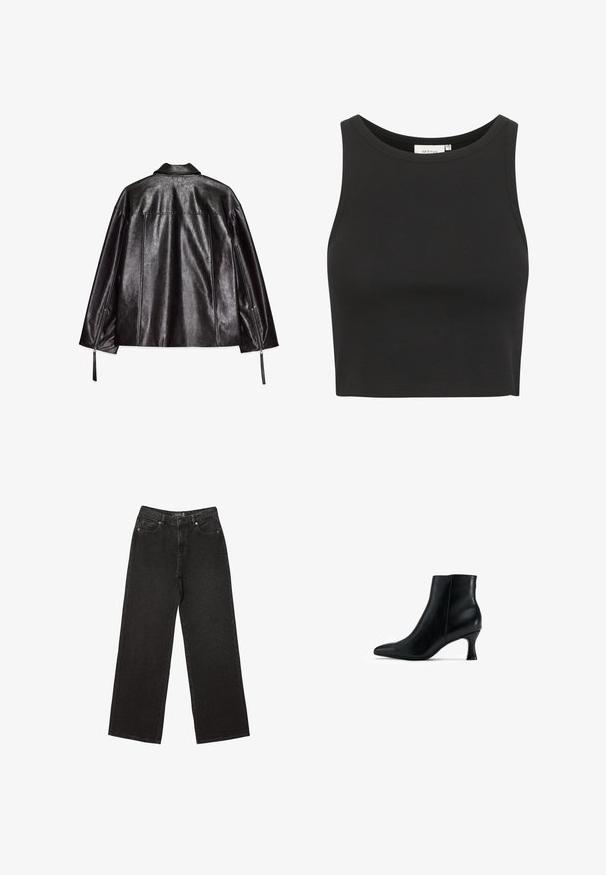 Sort faux læderjakke med en tekstureret overflade. Har krave, lynlåse ved manchetten og rene linjer med en rygsømsdetalje.; Sort ribbet crop top lavet af strækstof. Har en rund halsudskæring og ærmeløs design, med rene, færdige kanter.; Sorte brede jeans lavet af denim, med små prikkede mønstre, klassisk fem-lomme design og en knap- og lynlåslukning.; Sort læderankelstøvle med spids tå, slankt design og en afsmalnet, buet hæl. Glat overflade med minimal accentdetaljering.