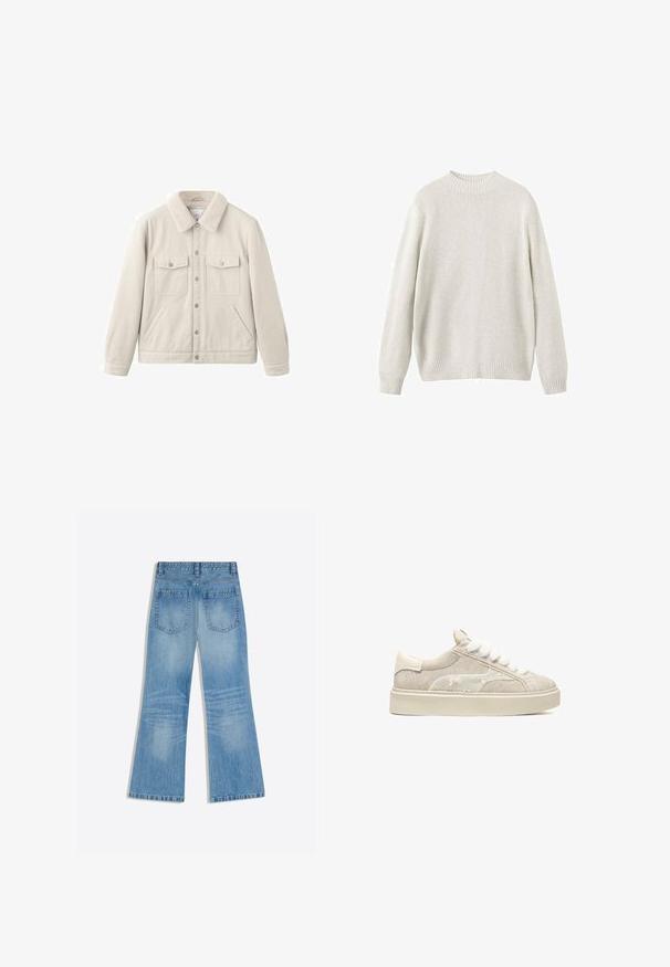 Veste beige clair avec un col doux et duveteux, deux poches poitrine, des poches latérales pour les mains, et une fermeture à boutons. Le tissu paraît durable et texturé.; Pull en maille gris clair avec encolure ronde, manches longues et ourlet côtelé. Texture douce, coupe décontractée, sans motifs ni accessoires visibles.; Jean en denim bleu clair avec une taille haute, des jambes larges et deux poches arrière, présenté à plat sur un fond blanc.; Baskets en daim beige avec tige texturée, lacets blancs pelucheux et semelle en caoutchouc crème contrastante. Design simple avec peu de détails matériels.