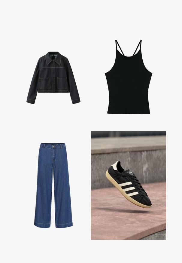 Donkere spijkerjack met brede kraag, twee voorvakken met klep, lange mouwen en zichtbare contraststiksels.; Zwarte mouwloze tanktop met dunne dubbele schouderbandjes en een ronde hals, plat liggend afgebeeld op een witte achtergrond.; Wijduitlopende denim broek in donkerblauw. Gemaakt van katoen, met een knoopsluiting, voorzakken en een nette zoom.; Zwarte Adidas sneaker met witte strepen en beige zool, vastgelegd in de lucht boven een stenen oppervlak en een stenen muur op de achtergrond.