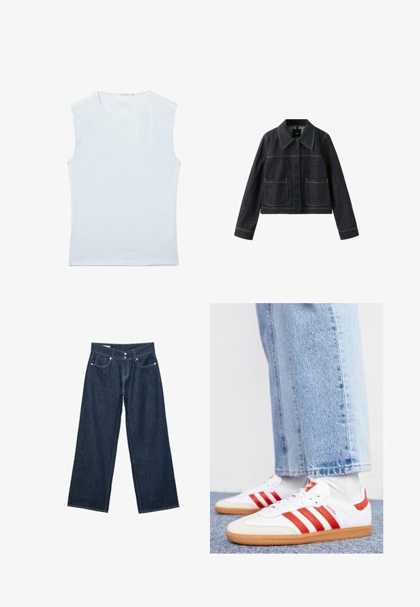 Veste en denim foncé avec col large, deux poches plaquées avant, manches longues et coutures contrastantes visibles.; Débardeur sans manches en coton blanc avec encolure ronde et un design simple et uni.; Jeans en denim bleu foncé à jambes larges avec fermeture à double bouton, poches avant et surpiqûres contrastantes sur fond blanc.; Baskets en cuir blanc avec des rayures et des accents rouges. Dotées d'une semelle extérieure en gomme texturée et d'un col rembourré. Portées avec un jean en denim bleu clair.