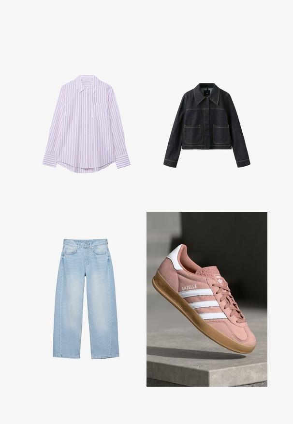 Veste en denim foncé avec col large, deux poches plaquées avant, manches longues et coutures contrastantes visibles.; Chemise à manches longues à boutons avec rayures verticales rose et blanches, col pointu, poche poitrine avant et ourlet arrondi.; Jean large bleu clair avec bouton à l'avant, fermeture éclair, cinq poches, et détails légèrement délavés sur les cuisses.; Baskets en suede rose avec des rayures blanches, semelle en caoutchouc, supérieur texturé et logo sur la languette. Design classique basse.
