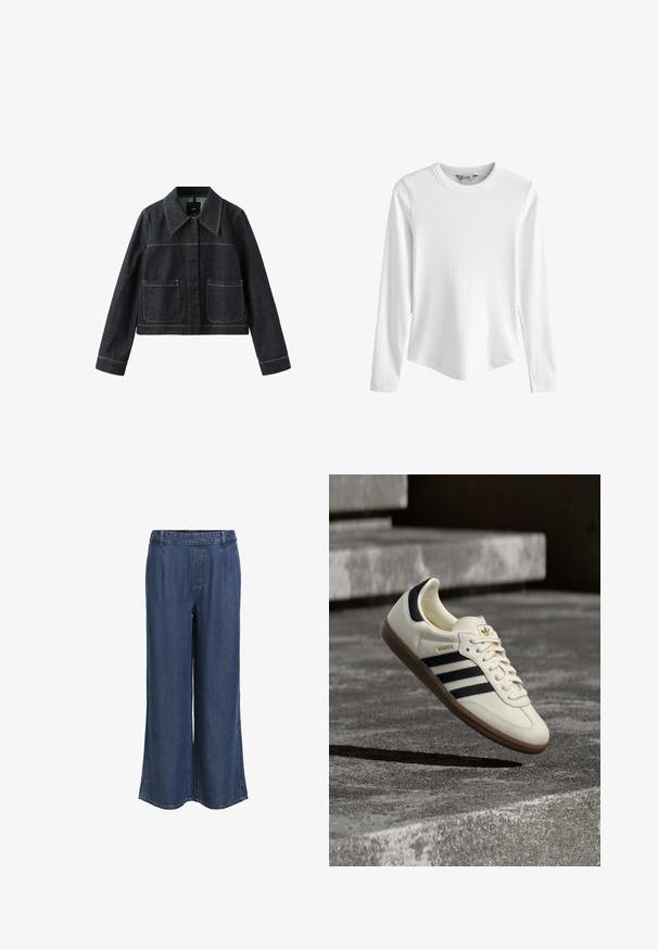 Mørk denimjakke med bred krave, to forlommer, lange ærmer og synlige kontrastsømme.; Hvid langærmet ribbet top med rund halsudskæring og let buet kant, vist mod en ensfarvet hvid baggrund.; Mørkeblå denimbukser med lige ben, elastisk talje og bæltestropper, uden synlige lommer, præsenteret på en hvid baggrund.; Hvid Adidas Samba sneaker med sorte striber og gummsål, svævende over teksturerede grå betonstrin.