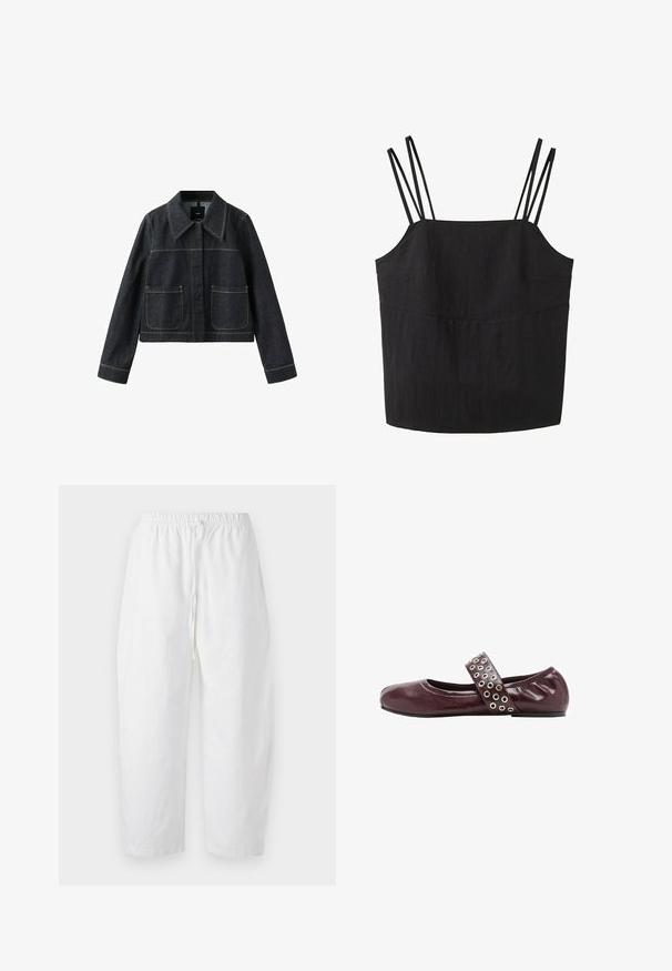 Mørk denimjakke med bred krave, to forlommer, lange ærmer og synlige kontrastsømme.; Sort ærmeløs top med dobbelte tynde stropper på hver skulder og en lige halsudskæring.; Abercrombie & Fitch PULL ON BARREL - Bukser - white; Bordeaux læderballetsko med rund tå, elastisk rem med sølvøjer og en blød, samlet hæl for ekstra komfort.