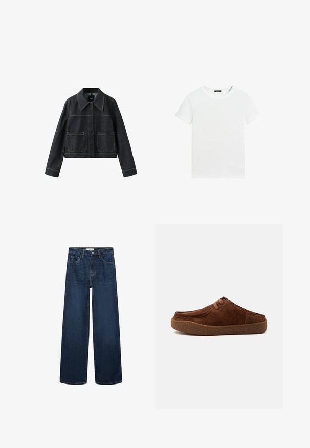 Dunkle Jeansjacke mit weitem Kragen, zwei aufgesetzten Taschen vorne, langen Ärmeln und sichtbaren Kontrastnähten.; Schlichtes weißes T-Shirt mit kurzen Ärmeln, rundem Halsausschnitt und einem kleinen schwarzen Etikett innen am Kragen.; Weite dunkelblaue Denim-Jeans mit hoher Taille, ausgestattet mit fünf Taschen und einer klassischen Knopfschließe. Glatte Textur und gerader Schnitt.; Brauner Wildleder-Slipper mit dicker, strukturierter Sohle, Mokassin-Nähten und Schnürdetail, seitlich auf neutralem Hintergrund dargestellt.