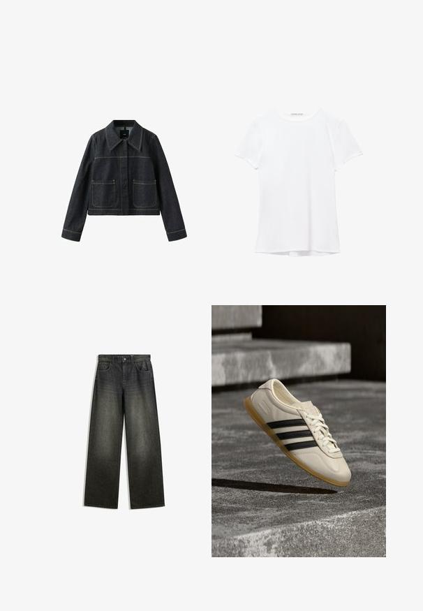 Mørk denimjakke med bred krave, to forlommer, lange ærmer og synlige kontrastsømme.; Hvid kortærmet t-shirt lavet af glat stof, med rund halsudskæring og diskrete syninger ved kanten.; Bredde ben jeans i mørkegrå denim med en falmet finish, fem-lomme design og en knaplukning i taljen.; Hvid sneaker med sorte striber og gummisål svæver over betontrapper i blødt dagslys.