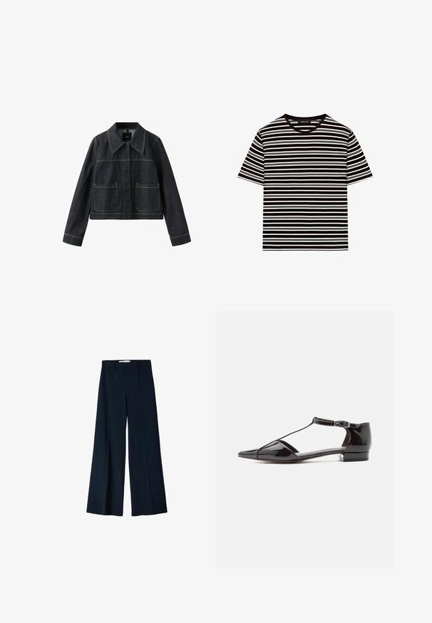Donkere spijkerjack met brede kraag, twee voorvakken met klep, lange mouwen en zichtbare contraststiksels.; Zwart-wit horizontaal gestreept T-shirt met korte mouwen, ronde hals en een reguliere pasvorm.; Marineblauwe wijde broek gemaakt van een gladde stof, met twee voorplooien en een enkele knoopsluiting in de taille.; Zwarte lakleren schoen met lage hak, spits toelopende neus en T-strap met sluitsluiting, zijaanzicht op een effen achtergrond.