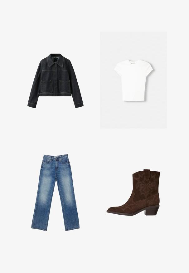 Mørk denimjakke med bred krave, to forlommer, lange ærmer og synlige kontrastsømme.; Hvid kortærmet t-shirt lavet af blød bomuld, med rund halsudskæring og en tætsiddende form. Ingen synlige mønstre eller udsmykninger.; Blå denimjeans med lige ben, lukning med knap og lynlås, forlommer og møntlomme samt diskrete falmede detaljer.; Brune ruskinds cowboystøvle med spids tå, dekorative syninger, ankelhøjde og en stablet hæl. Har en pull tab for nem påtagning.