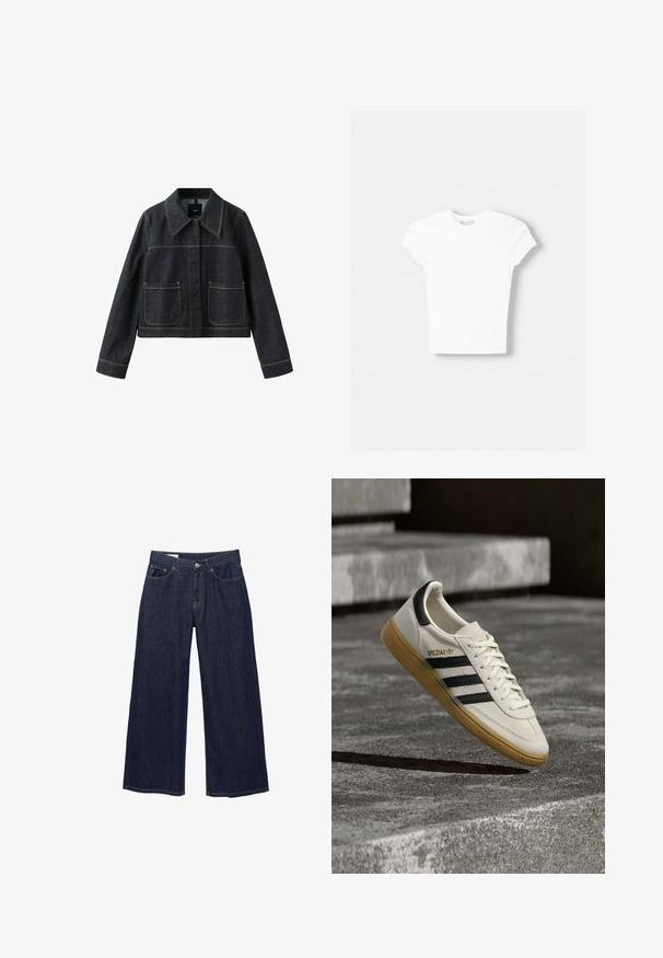 Mørk denimjakke med bred krave, to forlommer, lange ærmer og synlige kontrastsømme.; Hvid kortærmet t-shirt lavet af blød bomuld, med rund halsudskæring og en tætsiddende form. Ingen synlige mønstre eller udsmykninger.; Mørkeblå vidde jeans med lommer foran, bæltestropper og knaplukning.; Hvid Adidas Spezial sneaker med sorte striber og gummisål, svævende over grå stentrin udendørs.
