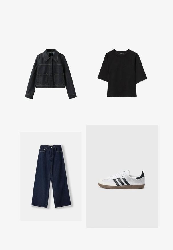 Dunkle Jeansjacke mit weitem Kragen, zwei aufgesetzten Taschen vorne, langen Ärmeln und sichtbaren Kontrastnähten.; Schwarzes, oversized Sweatshirt mit kurzen Ärmeln, Rundhalsausschnitt und lockerem Sitz, präsentiert auf weißem Hintergrund.; Dunkelblaue Jeans mit weitem Bein, vorderer Knopf- und Reißverschluss, vorderen Taschen und Gürtelschlaufen, flach auf weißem Hintergrund ausgelegt.; Weißer Mesh-Sneaker mit schwarzen Streifen, beiger Wildleder-Kappe an der Spitze und am Absatz, strukturierter Gummisohle und weißen Schnürsenkeln. Klassisches Low-Top-Design.