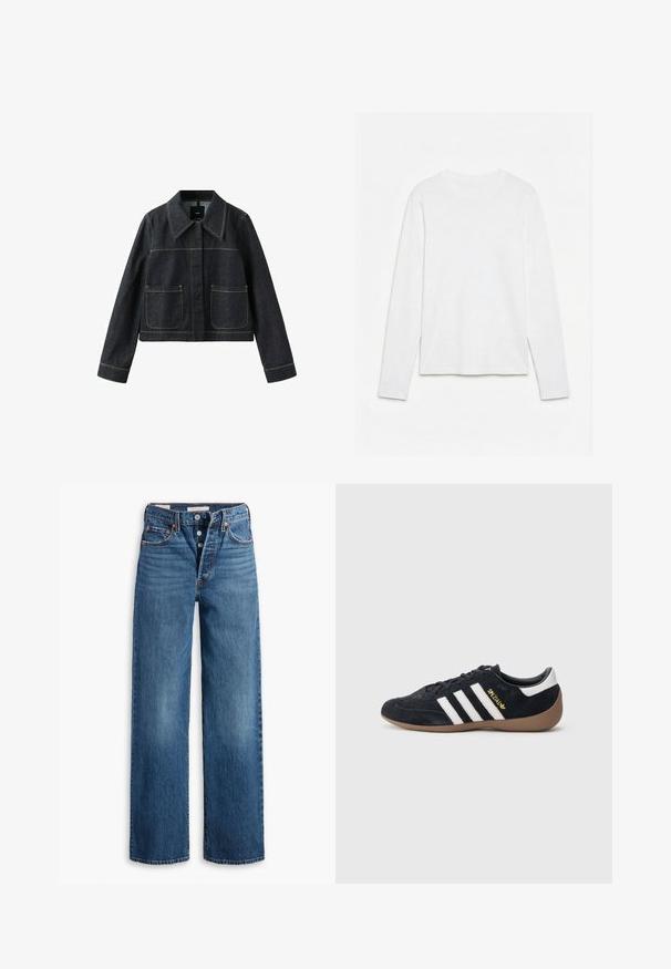 Mørk denimjakke med bred krave, to forlommer, lange ærmer og synlige kontrastsømme.; Helt hvid langærmet t-shirt med rund hals lagt fladt på en hvid overflade, der viser fronten og hele ærmelængden.; Blå denim jeans med en vid benstruktur, fem lommer, knaplukning og kontraststing. Strukturstof med en falmet overflade.; Sort ruskindssneaker med tre hvide striber, gummisål og et lille gyldent logo på siden. Har en glat sort foring indvendigt.