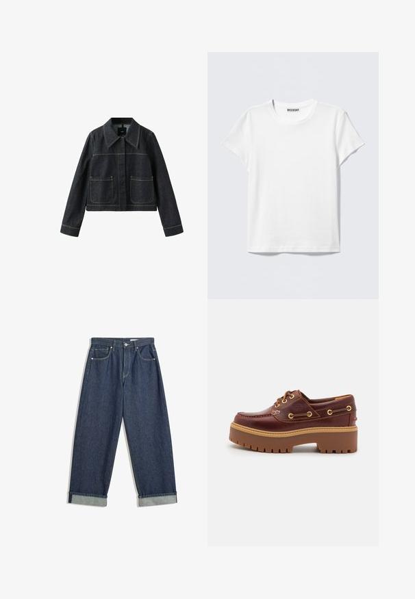 Donkere spijkerjack met brede kraag, twee voorvakken met klep, lange mouwen en zichtbare contraststiksels.; Effen wit T-shirt met korte mouwen en een ronde hals met een "WEEKDAY" label aan de binnenkant van de kraag, getoond op een lichtgrijze achtergrond.; Donkerblauwe wijde denim jeans met opgerolde mouwen, voor knoop en rits, riemlussen en vijf zakken.; Bruine leren botenschoenen met een stevige bruine rubberen zool, gouden ogen en contraststiksels. Heeft een logo aan de zijkant.