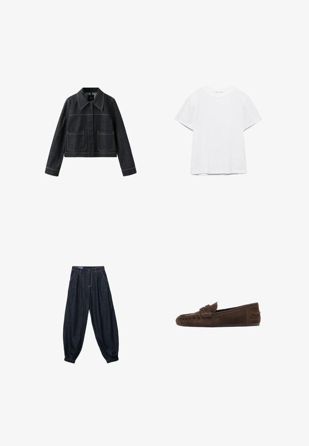 Veste en denim foncé avec col large, deux poches plaquées avant, manches longues et coutures contrastantes visibles.; T-shirt blanc uni à manches courtes et col rond, avec un ourlet droit, présenté sur un fond blanc.; Pantalon en denim bleu foncé ample avec plis à la taille, poches avant, et bas resserrés aux chevilles.; Mocassin marron en daim avec détails cousus et petit talon, présenté de profil sur fond blanc.